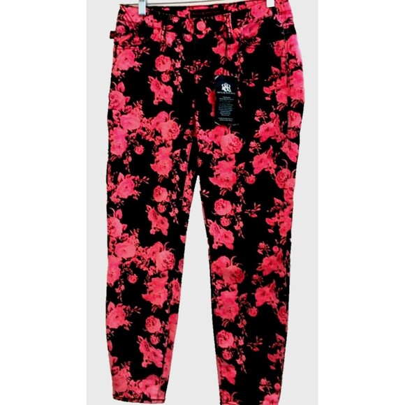 ROCK & REPUBLIC sz 4 HAMBURG Skinny Stretch black & pink Rose Floral Jeans - Picture 1 of 7
